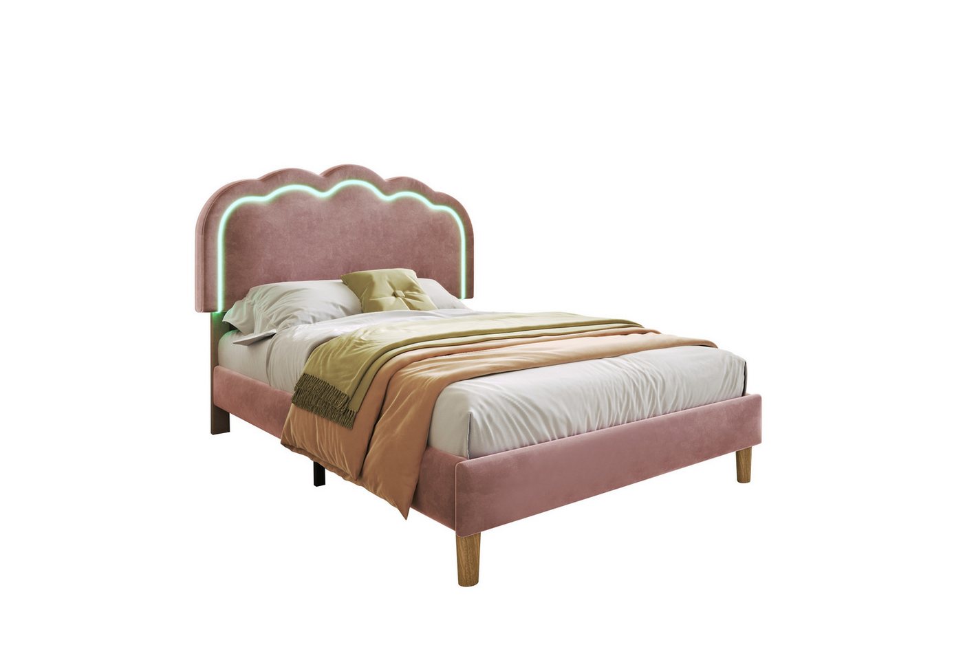 PHOEBE CAT Polsterbett (Einzelbett, LED Jugendbett), mit Lattenrost und Verstellbares Kopfteil in Puff-Form, 90x200cm, Samt von PHOEBE CAT