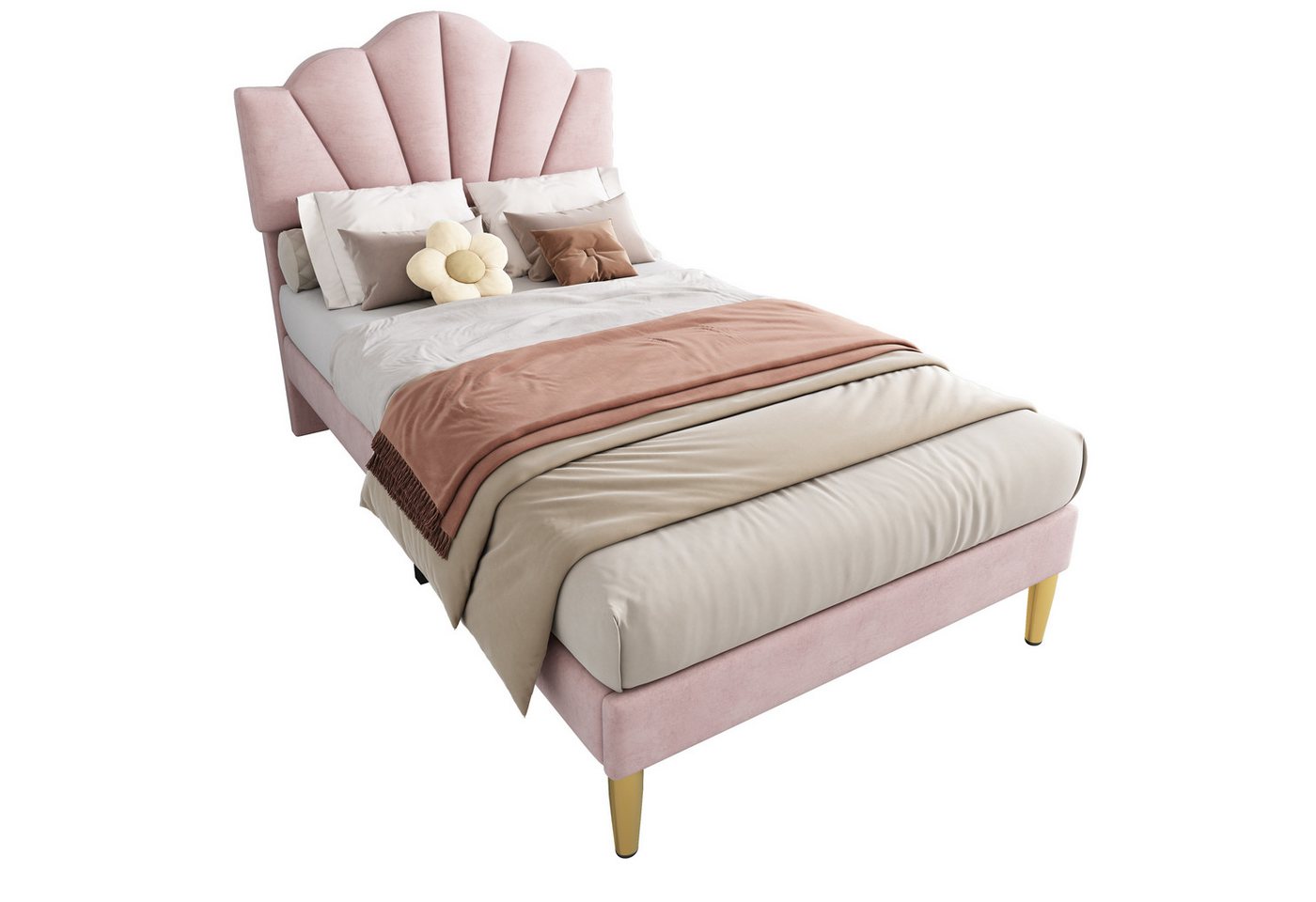 PHOEBE CAT Polsterbett (Einzelbett 90 x 200 cm, ohne Matratze), mit höhenverstellbarem Muschel-Form-Kopfteil und Lattenrost, Samt von PHOEBE CAT