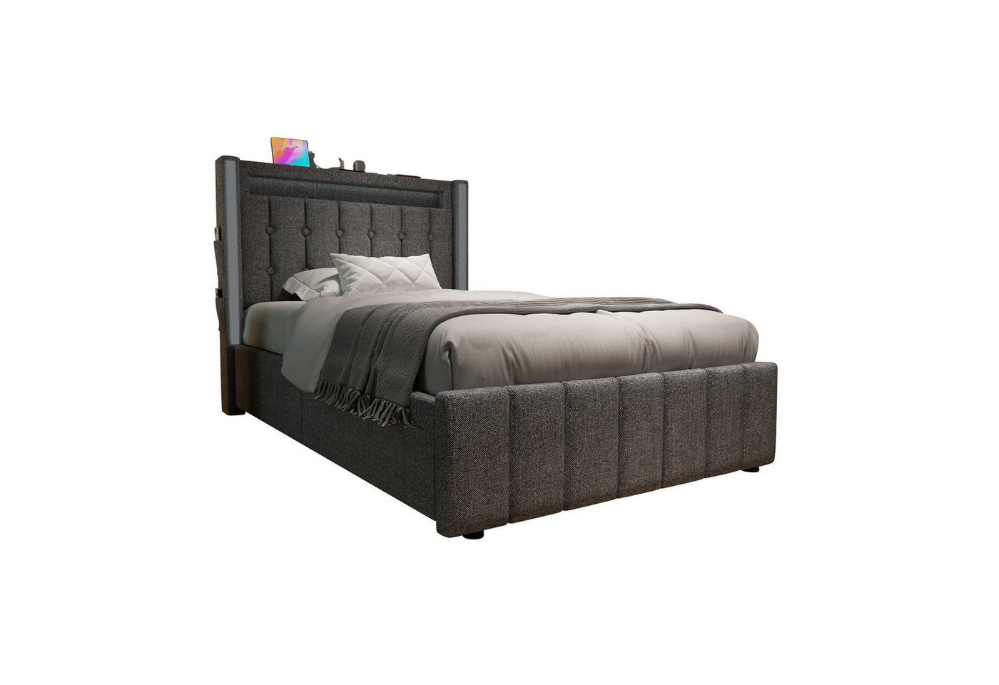 PHOEBE CAT Polsterbett (Einzelbett 90x200cm Stauraumbett mit LED-Beleuchtung), mit USB Typ C Ladefunktion & 2 Schubladen, Lattenrost aus Holz, Leinen von PHOEBE CAT