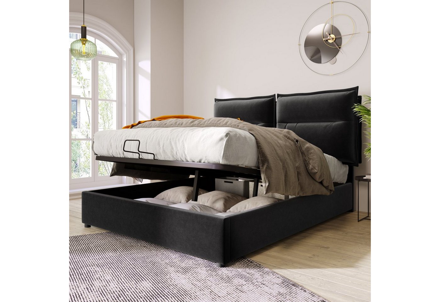 PHOEBE CAT Polsterbett (Hydraulisches Funktionsbett 140x200cm), Doppelbett mit Verstellbares Kopfteil und Stauraum, Bezug aus Samt von PHOEBE CAT