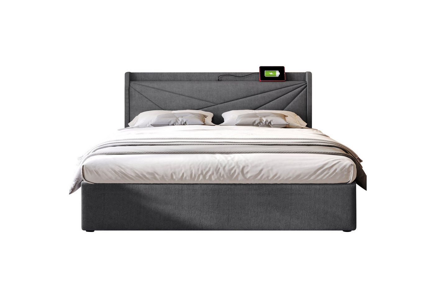 PHOEBE CAT Polsterbett (Hydraulisches Funktionsbett Stauraumbett mit Lattenrost), Doppelbett 140x200 cm mit USB Typ C Ladefunktion Kopfteil, Leinen von PHOEBE CAT