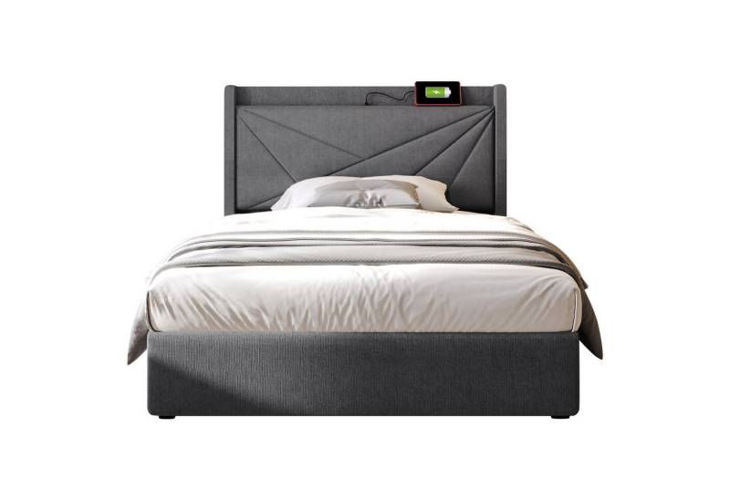 PHOEBE CAT Polsterbett (Hydraulisches Funktionsbett Stauraumbett mit Lattenrost), Einzelbett 90x200 cm mit USB Typ C Ladefunktion Kopfteil, Leinen von PHOEBE CAT