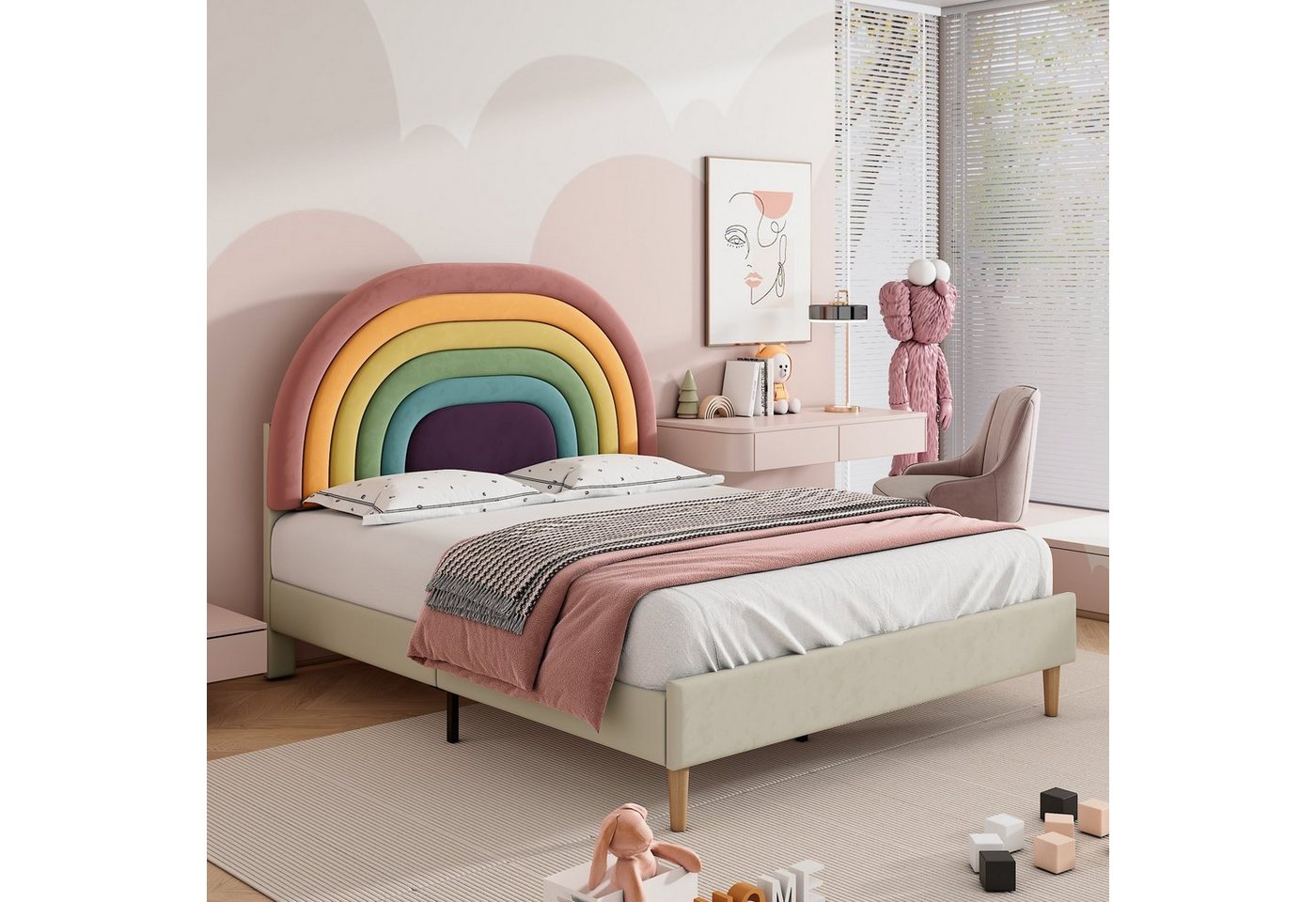 PHOEBE CAT Polsterbett (Jugendbett mit Lattenrost), Kinderbett mit verstellbarem Regenbogen-Kopfteil, 140x200 cm, Samt von PHOEBE CAT