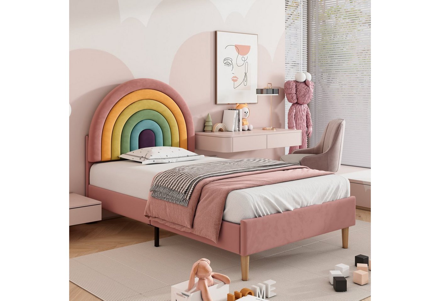 PHOEBE CAT Polsterbett (Jugendbett mit Lattenrost), Kinderbett mit verstellbarem Regenbogen-Kopfteil, 90x200 cm, Samt von PHOEBE CAT