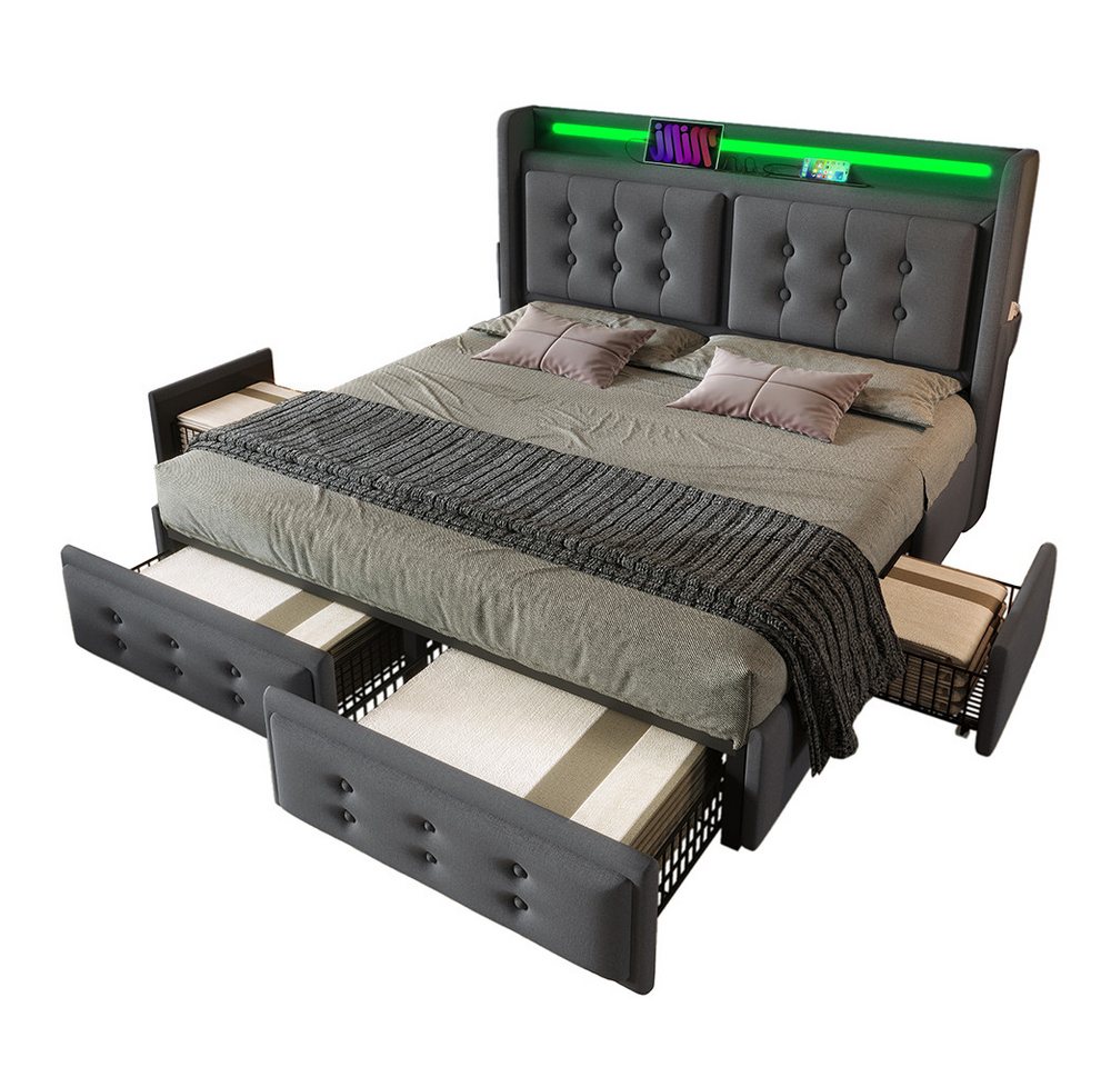 PHOEBE CAT Polsterbett (Stauraumbett), Doppelbett 140x200 mit Led & Ladefunktion & 4 Schubladen, Baumwolle von PHOEBE CAT