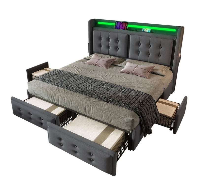 PHOEBE CAT Polsterbett (Stauraumbett), Doppelbett 140x200 mit Led & Ladefunktion & 4 Schubladen, Baumwolle von PHOEBE CAT