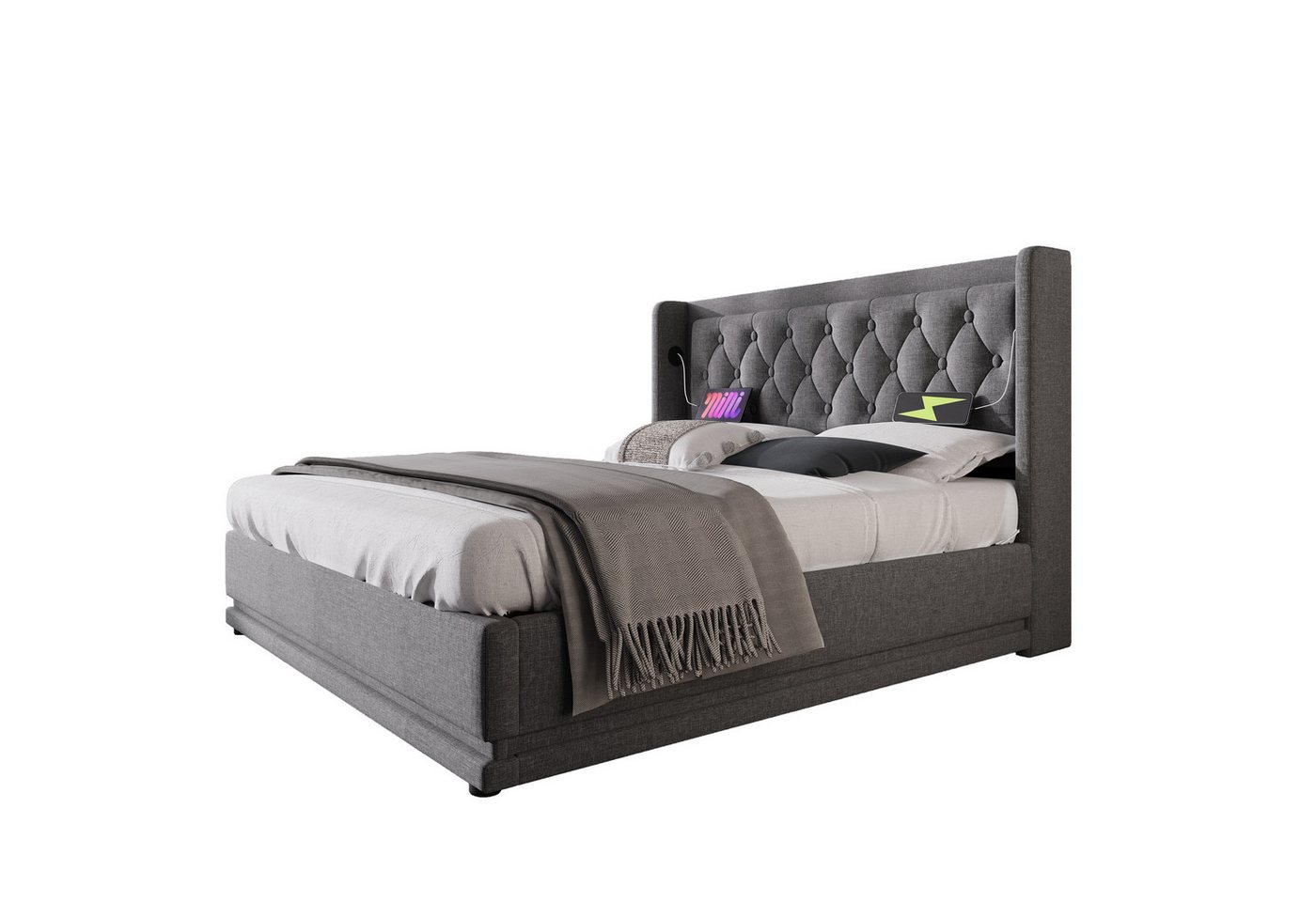 PHOEBE CAT Polsterbett (Stauraumbett), LED Hydraulisches Doppelbett 140x200cm mit Ladefunktion, Baumwolle von PHOEBE CAT