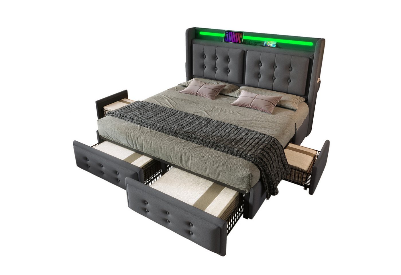 PHOEBE CAT Polsterbett (Stauraumbett, Inklusive Matratze), Doppelbett 160x200 mit Led & Ladefunktion & 4 Schubladen, Baumwolle von PHOEBE CAT