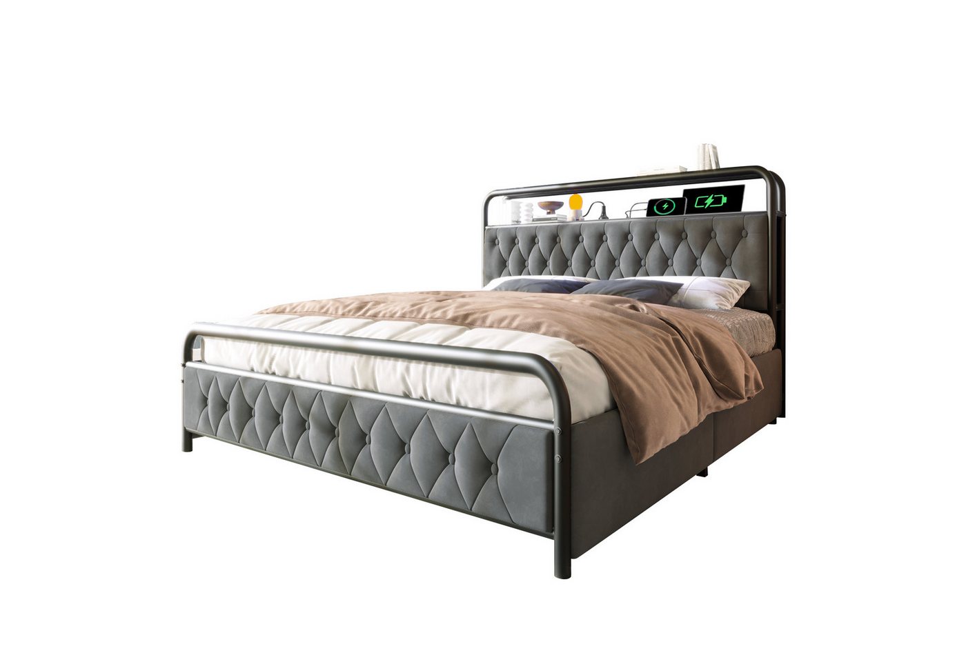 PHOEBE CAT Polsterbett (Stauraumbett, Metallbett mit LED-Beleuchtung), Doppelbett 140x200cm mit USB Typ C Ladefunktion und 4 Schubladen, Samt von PHOEBE CAT
