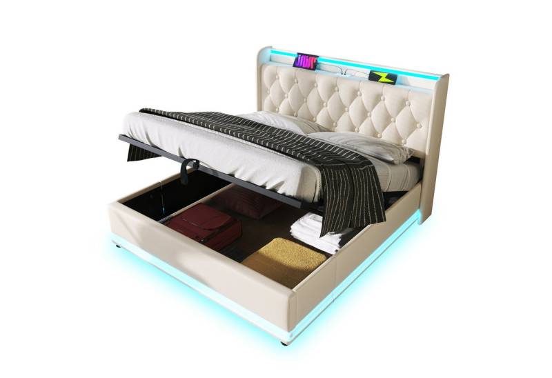 PHOEBE CAT Polsterbett (Stauraumbett, Ohne Matratze), LED Hydraulisch Doppelbett 140x200cm mit Ladefunktion, Kunstleder von PHOEBE CAT
