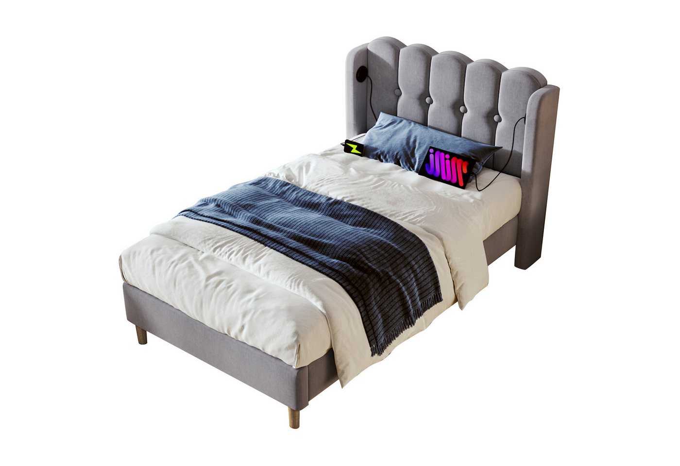 PHOEBE CAT Polsterbett (mit Matratze), Einzelbett mit USB Typ C Ladefunktion, 90x200 cm, Leinen von PHOEBE CAT