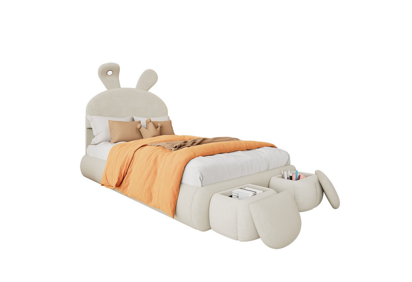 PHOEBE CAT Polsterbett Kinderbett mit Hasenohren Kopfteil und 2 Aufbewahrungshockern, Einzelbett 90x200cm mit LED und Lattenrost, Samt, ohne Matratze PHOEBE CAT Polsterbett Kinderbett mit Hasenohren Kopfteil und 2 Aufbewahrungshockern, Einzelbett 90x200cm mit LED und Lattenrost, Samt, ohne Matratze von PHOEBE CAT