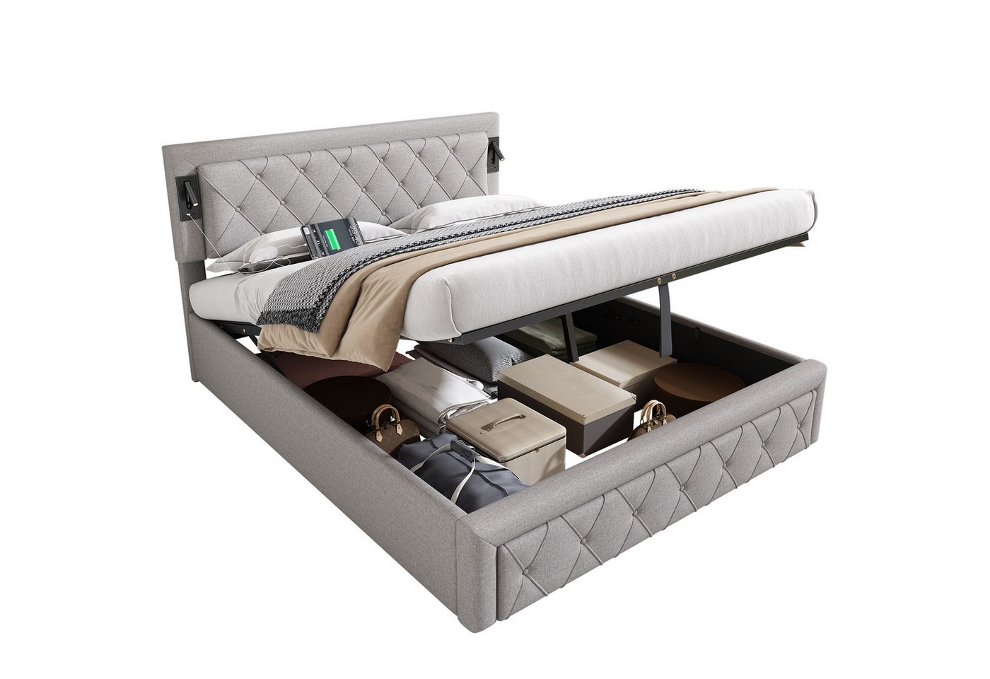 PHOEBE CAT Polsterbett Stauraumbett, Hydraulisches Doppelbett 160x200 mit Downlight & USB-Anschluss, Leinen PHOEBE CAT Polsterbett Stauraumbett, Hydraulisches Doppelbett 160x200 mit Downlight & USB-Anschluss, Leinen von PHOEBE CAT