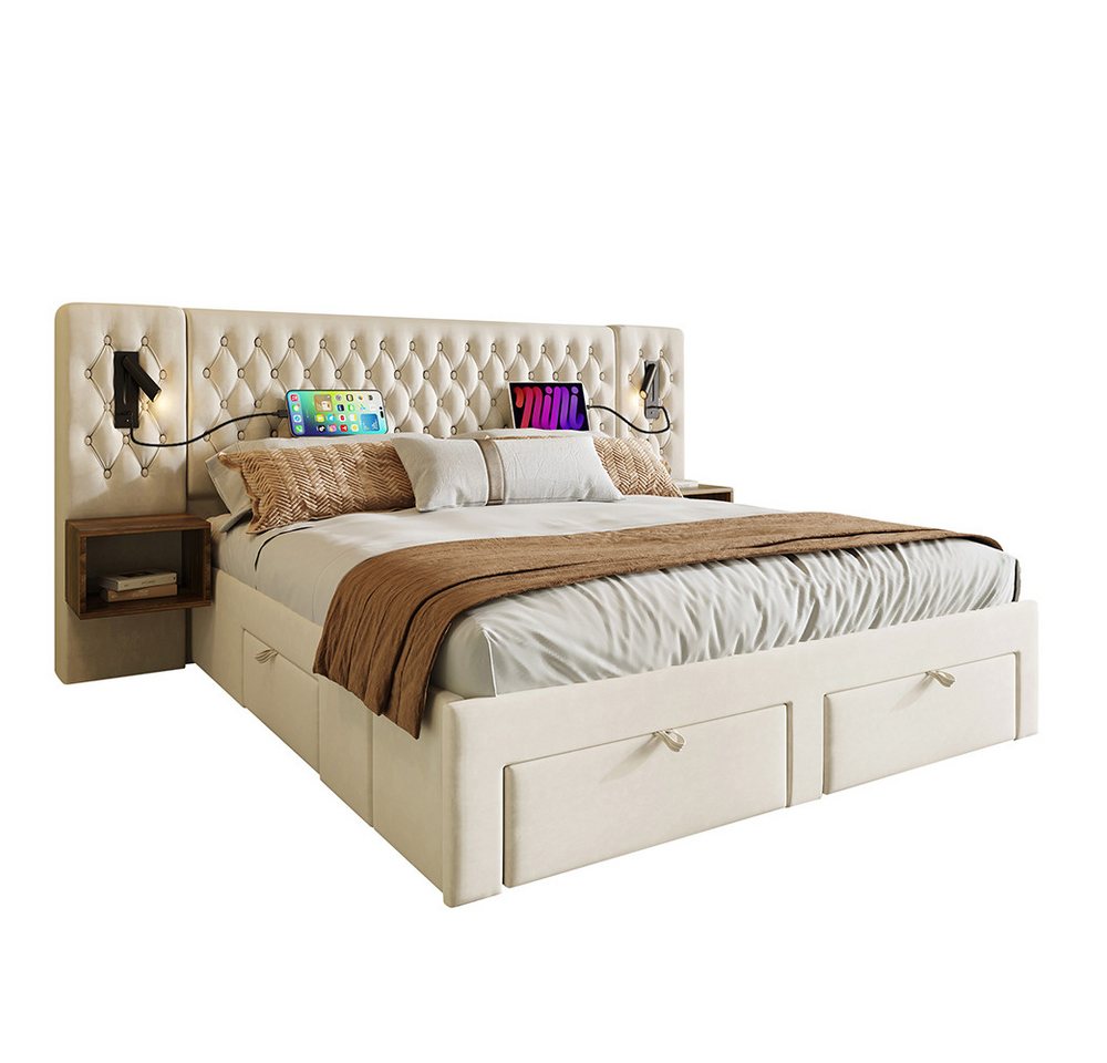 PHOEBE CAT Polsterbett Stauraumbett Doppelbett (Inklusive 4 Schubladen), mit 2 Nachttischen, Leselicht und USB Ladefunktion, 160×200cm, Samt von PHOEBE CAT