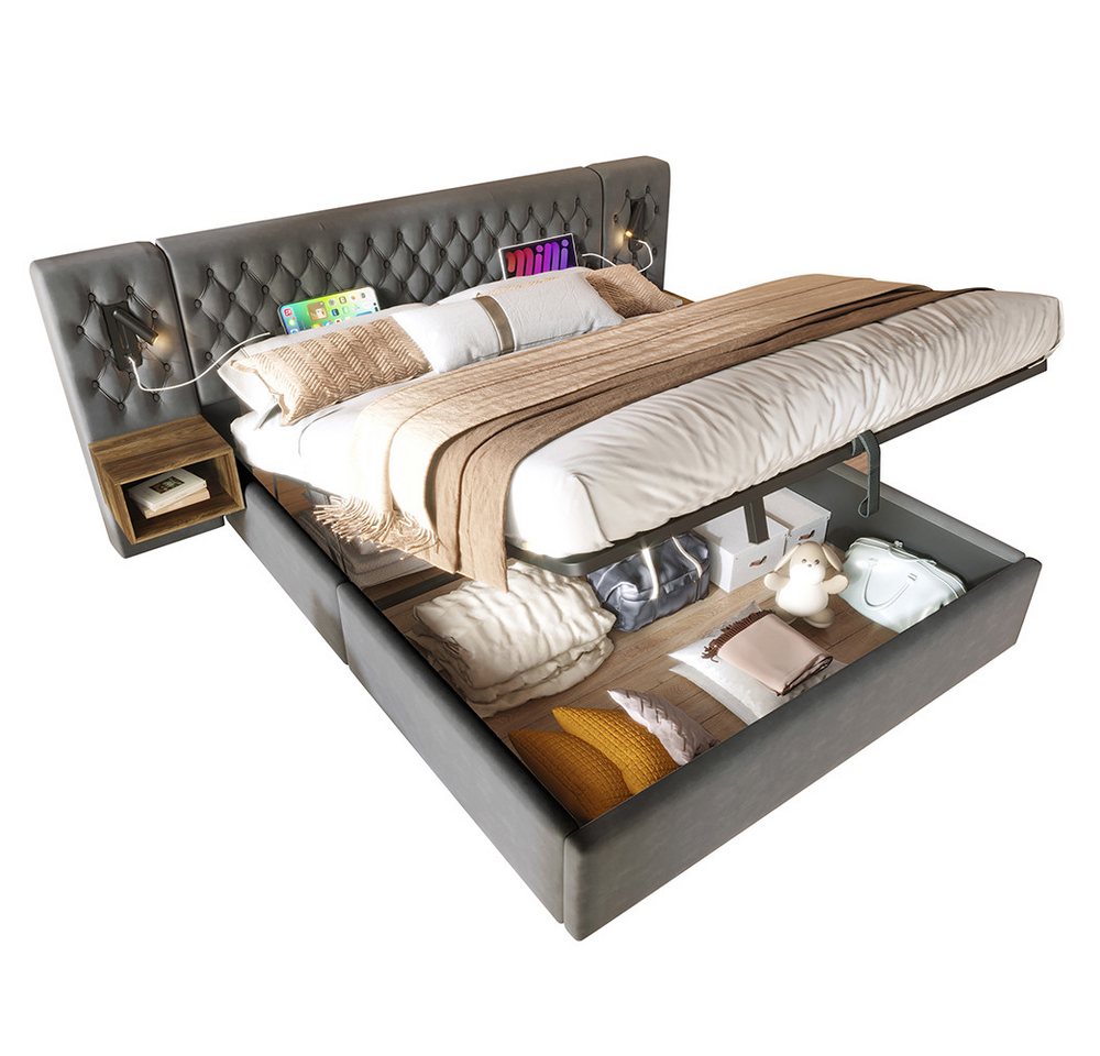 PHOEBE CAT Polsterbett Stauraumbett Doppelbett (Kopfteil mit 2 Nachttischen), Hydraulisches Bett 180×200 cm mit Leselicht und USB Ladefunktion, Samt von PHOEBE CAT