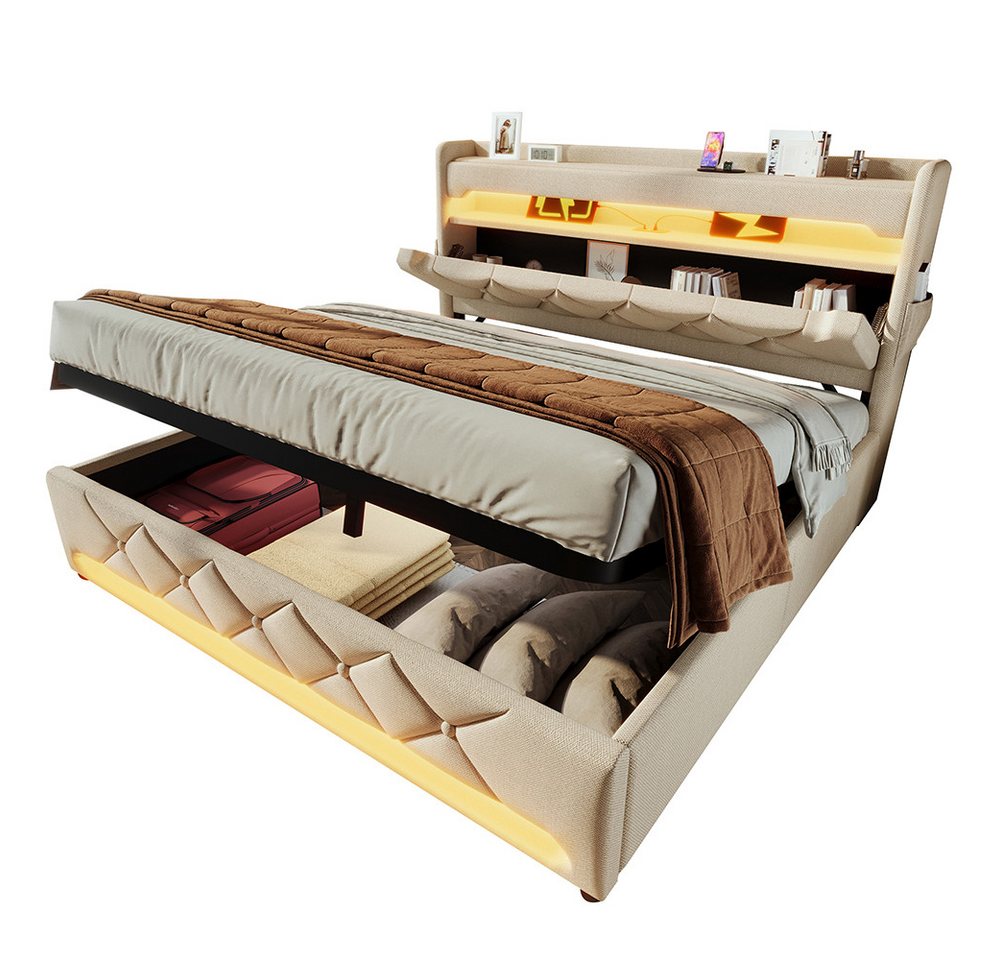 PHOEBE CAT Polsterbett Stauraumbett Funktionsbett, Kopfteil mit Stauraum, Ladefunktion (mit Matratze), Hydraulisches LED Doppelbett 140x200 cm mit Lattenrost, Beige, Leinen von PHOEBE CAT