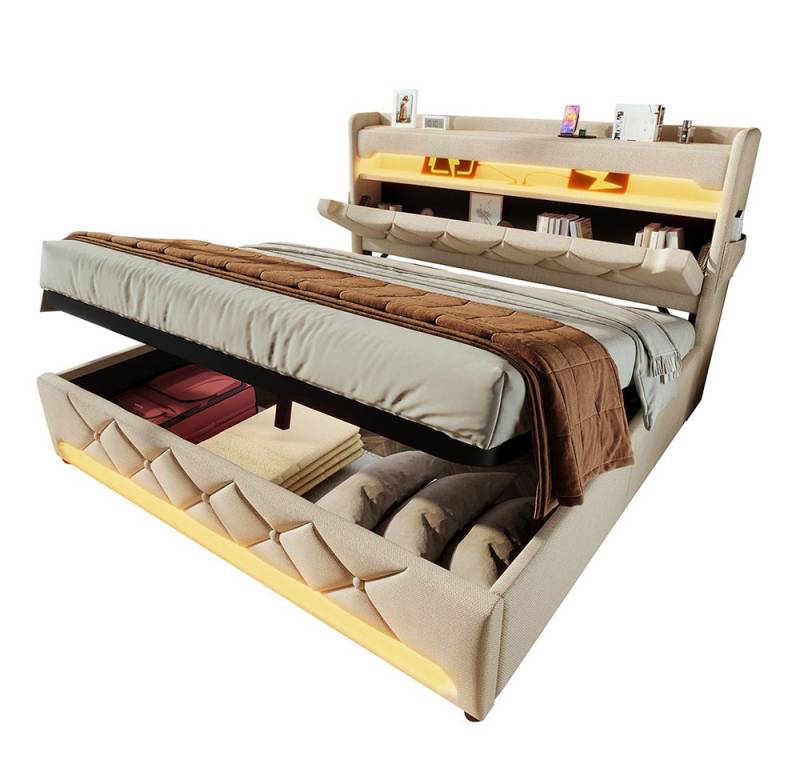 PHOEBE CAT Polsterbett Stauraumbett Funktionsbett, Kopfteil mit Stauraum, Ladefunktion (mit Matratze), Hydraulisches LED Doppelbett 140x200 cm mit Lattenrost, Beige, Leinen von PHOEBE CAT
