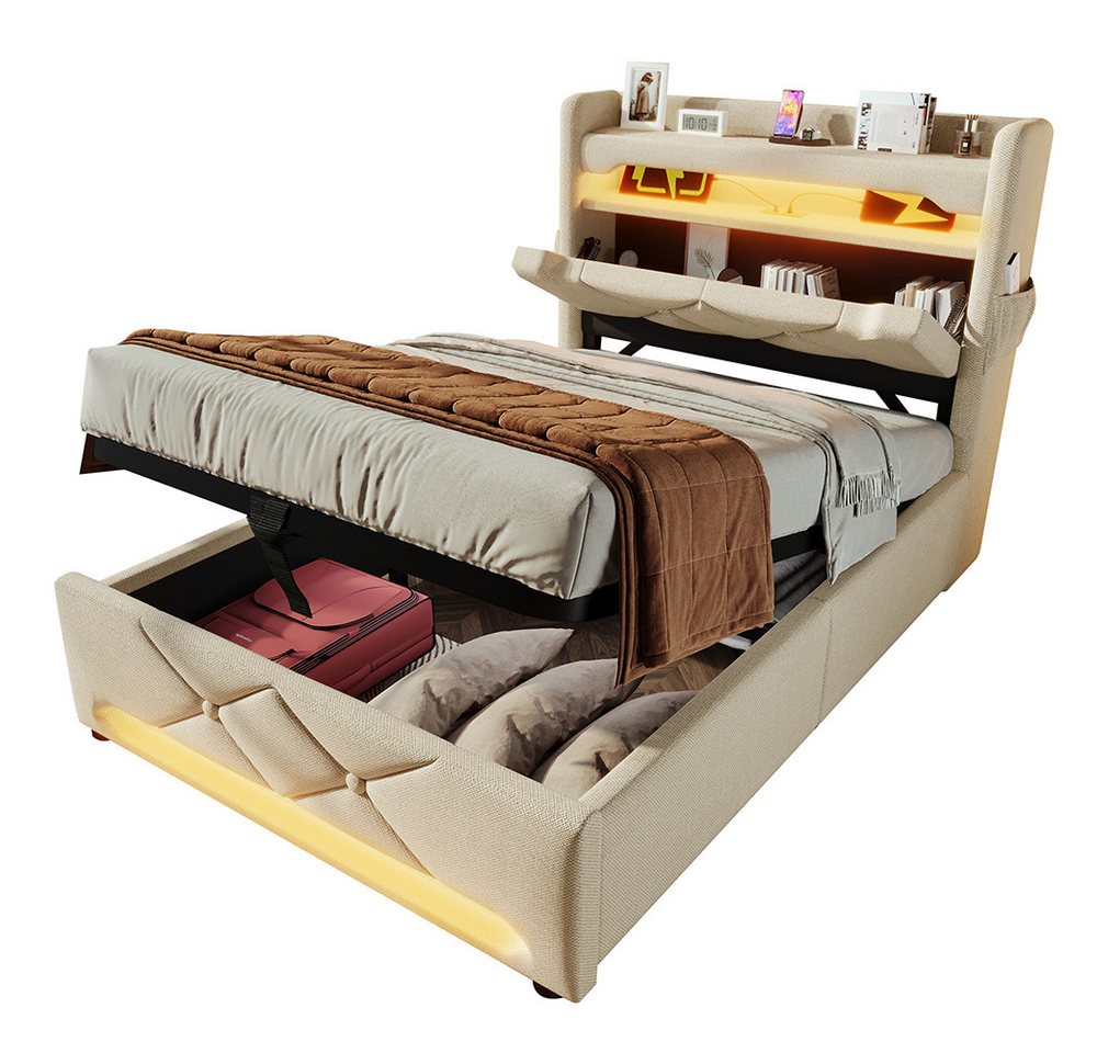 PHOEBE CAT Polsterbett Stauraumbett Funktionsbett, Kopfteil mit Stauraum, Ladefunktion (ohne Matratze), Hydraulisches LED Einzelbett 90x200 cm mit Lattenrost, Beige, Leinen von PHOEBE CAT