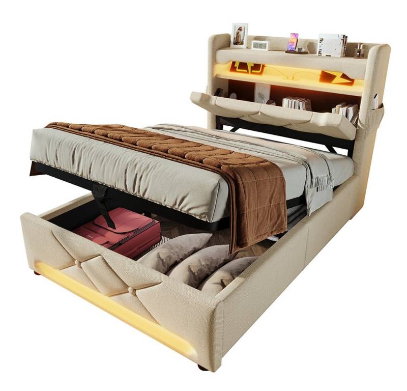 PHOEBE CAT Polsterbett Stauraumbett Funktionsbett, Kopfteil mit Stauraum, Ladefunktion (ohne Matratze), Hydraulisches LED Einzelbett 90x200 cm mit Lattenrost, Beige, Leinen von PHOEBE CAT