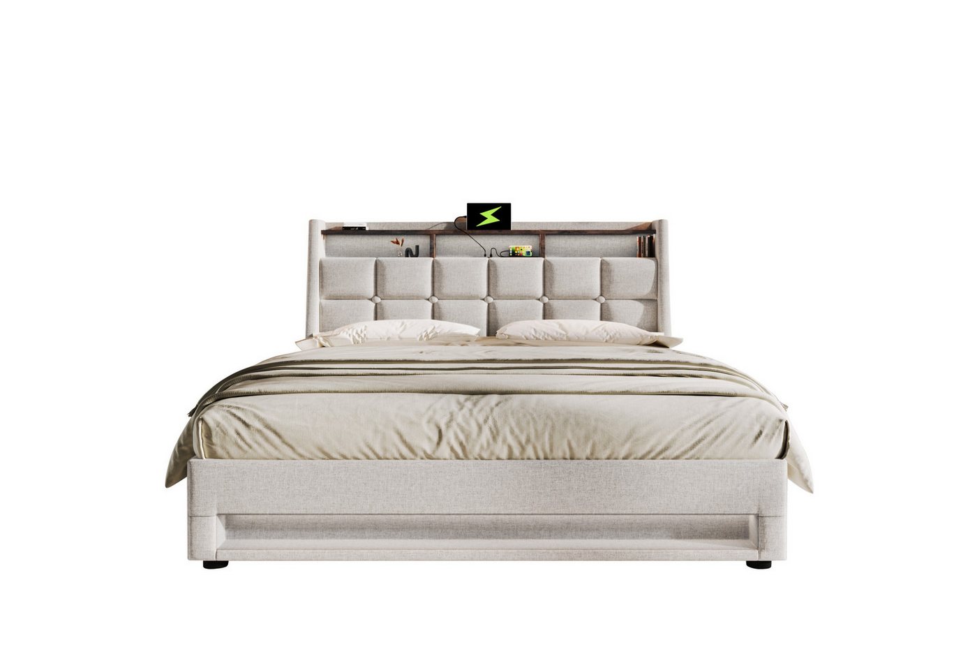 PHOEBE CAT Polsterbett Stauraumbett Funktionsbett Hydraulisches Bett mit Lattenrost, Doppelbett 140x200cm mit LED und USB Ladefunktion, Leinen, Beige PHOEBE CAT Polsterbett Stauraumbett Funktionsbett Hydraulisches Bett mit Lattenrost, Doppelbett 140x200cm mit LED und USB Ladefunktion, Leinen, Beige von PHOEBE CAT