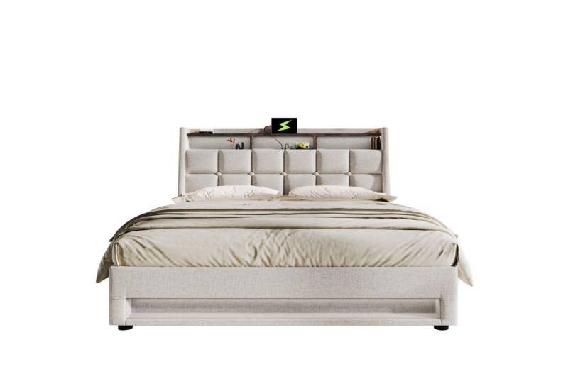 PHOEBE CAT Polsterbett Stauraumbett Funktionsbett Hydraulisches Bett mit Lattenrost, Doppelbett 140x200cm mit LED und USB Ladefunktion, Leinen, Beige von PHOEBE CAT