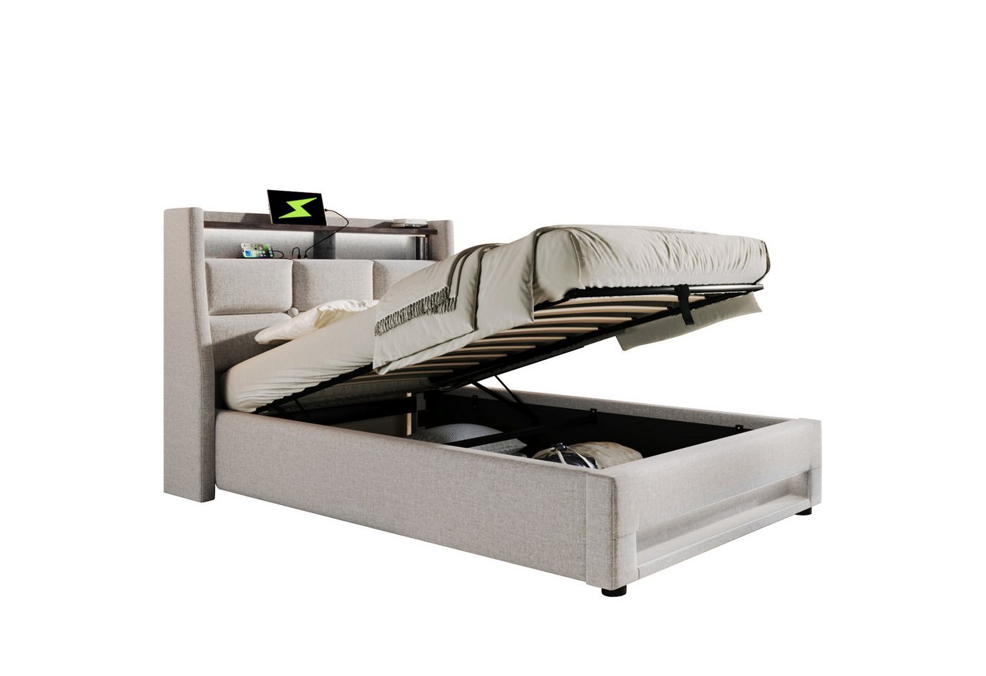 PHOEBE CAT Polsterbett Stauraumbett Funktionsbett Hydraulisches Bett mit Lattenrost, Einzelbett 90x200cm mit LED und USB Ladefunktion, Leinen, Beige PHOEBE CAT Polsterbett Stauraumbett Funktionsbett Hydraulisches Bett mit Lattenrost, Einzelbett 90x200cm mit LED und USB Ladefunktion, Leinen, Beige von PHOEBE CAT