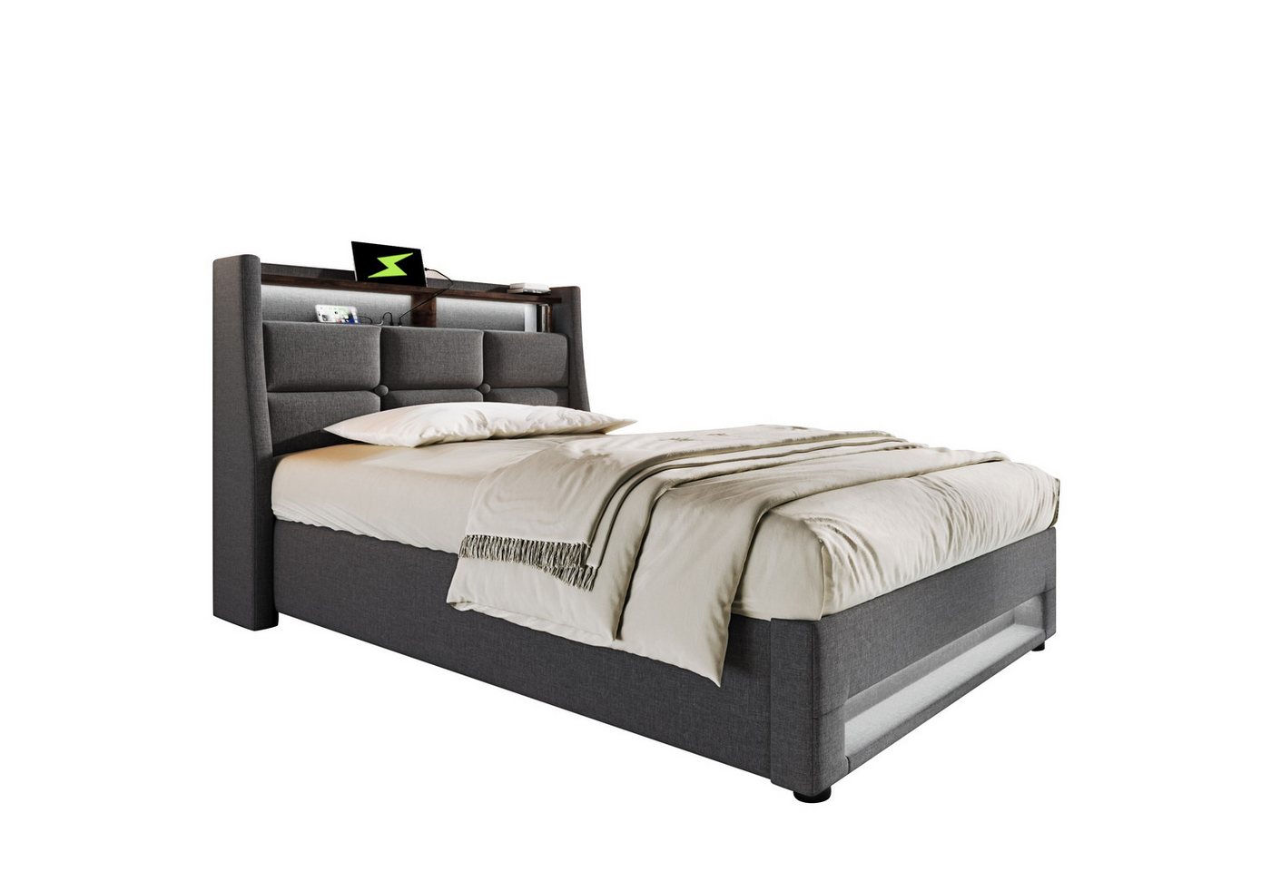 PHOEBE CAT Polsterbett Stauraumbett Funktionsbett Hydraulisches Bett mit Lattenrost, Einzelbett 90x200cm mit LED und USB Ladefunktion, Leinen, Grau PHOEBE CAT Polsterbett Stauraumbett Funktionsbett Hydraulisches Bett mit Lattenrost, Einzelbett 90x200cm mit LED und USB Ladefunktion, Leinen, Grau von PHOEBE CAT