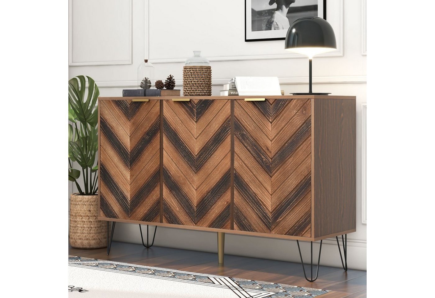 PHOEBE CAT Sideboard (Kommode mit 3 Türen und goldenen Metallgriffe), Fischgrätenmuster Design, Highboard Holz, Breite 120 cm von PHOEBE CAT