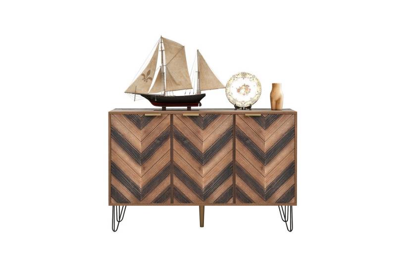 PHOEBE CAT Sideboard (Kommode mit 3 Türen und goldenen Metallgriffe), Fischgrätenmuster Design, Highboard Holz, Breite 120 cm von PHOEBE CAT