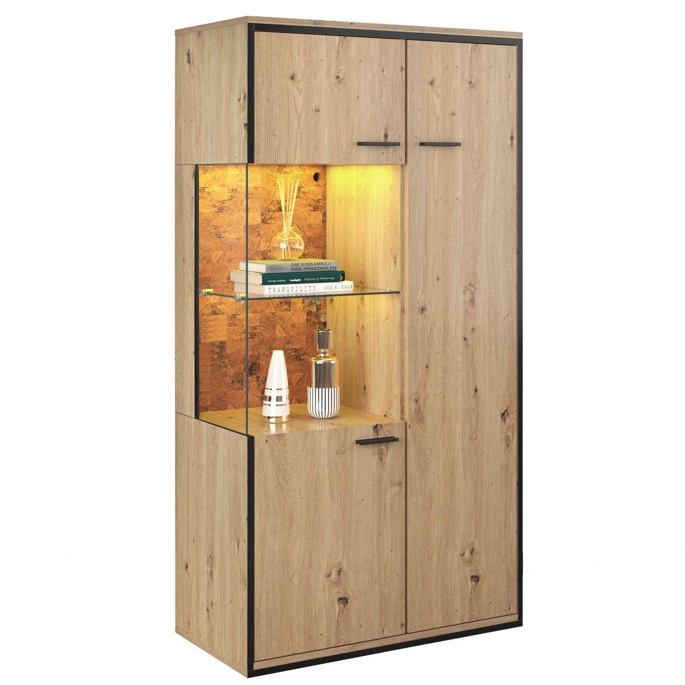PHOEBE CAT Standvitrine (mit LED-Beleuchtung, 3 Türen und Glasablage) Vitrinenschrank mit vertstellbaren Einlegeböden, 78x40x150cm von PHOEBE CAT