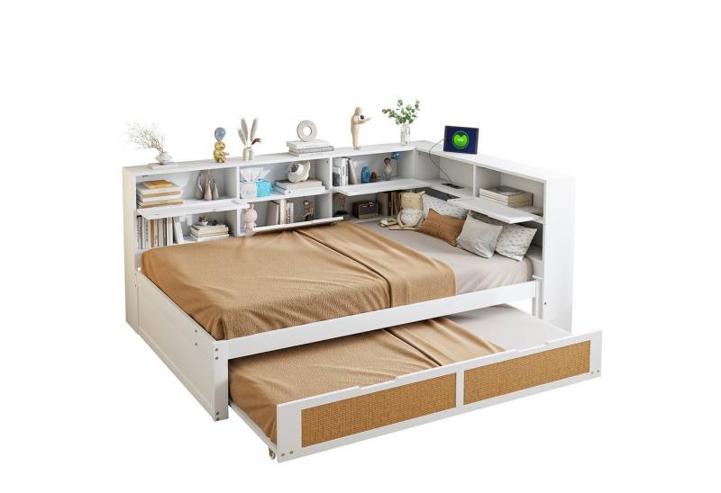 PHOEBE CAT Stauraumbett Multifunktionales Schlafsofa Daybett Tagesbett Kinderbett (Massivholzrahmen & Rattan-Design), mit Ausziehbett, Stauraum & USB-Ladeanschluss, 140x200cm + 90x190cm von PHOEBE CAT