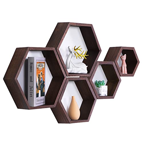 Hexagon Floating Shelves,Wall Mounted Wood Farmhouse Storage Honeycomb Wall Shelf Set of 5,for Bathroom, Kitchen, Bedroom, Living Room,Office,Driftwood Finish (Walnut) von PHOENANCEE