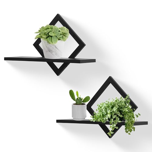 PHOENANCEE Eichenrahmen, Schweberegale für Wand, Diamantförmiges Display Lagerregal, Hängend Rustikal für Wohnzimmer, Schlafzimmer, 2er Set, Schwarz von PHOENANCEE