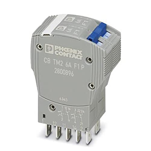 PHOENIX CONTACT CB TM2 6A F1 P Thermomagnetischer Geräteschutzschalter, 2-Polig, Auslösekennline F1 (Flink), 2 Wechslerkontakte, Stecker für Basiselement, 69.300g Gewicht, 52mm Länge, Grau von PHOENIX CONTACT