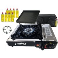 Phönix PC-20 Edelstahl Camping Gaskocher + Grillplatte + 8x Kartuschen von PHÖNIX GERMANY