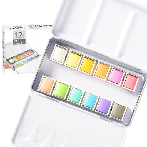 PHOENIX Pastell-Aquarellfarben-Set – 12 halbe Näpfchen, einfarbige Farben, Künstlerpalette, Aquarell-Reiseset, tragbares Metallgehäuse für Erwachsene, professionelle Künstler von PHOENIX