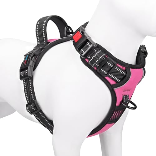 PHOEPET Hundegeschirr ohne Zug für kleine Hunde, reflektierende, verstellbare Front-Clip-Weste mit Griff, 2 Metallringe, 3 Schnallen [leicht an- und auszuziehen] (L, Rosa) von PHOEPET