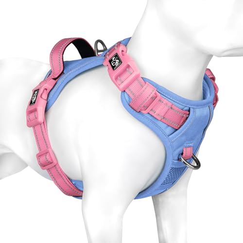 PHOEPET No Pull Hundegeschirr, reflektierende Hundeweste, mit weichem Trainingsgriff für kleine, mittelgroße und große Hunde (Babyblaue Basis und Rosa Träger, XL) von PHOEPET