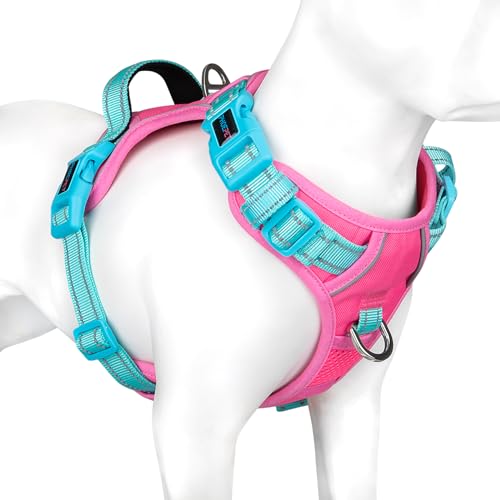 PHOEPET No Pull Hundegeschirr, reflektierende Hundeweste, mit weichem Trainingsgriff für kleine, mittelgroße und große Hunde (Rosa Basis und Grüne Träger, XL) von PHOEPET