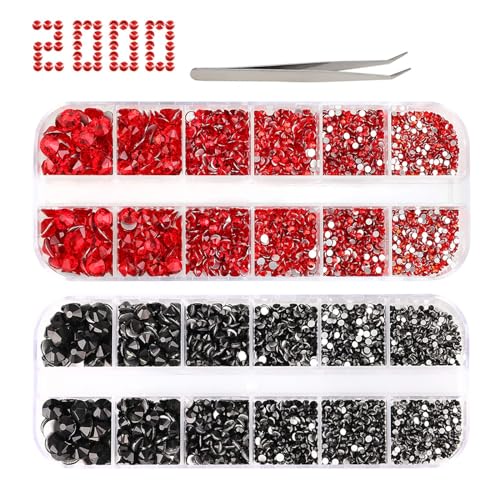 PHOGARY 2000+ Stück Strasssteine zum Basteln, Rot & Schwarz, Flache Rückseite, 6 Größen (2-5 mm) mit Pinzette zum Basteln, Nageldesign, Kleidung, Schuhe, Taschen, Handyhülle von PHOGARY