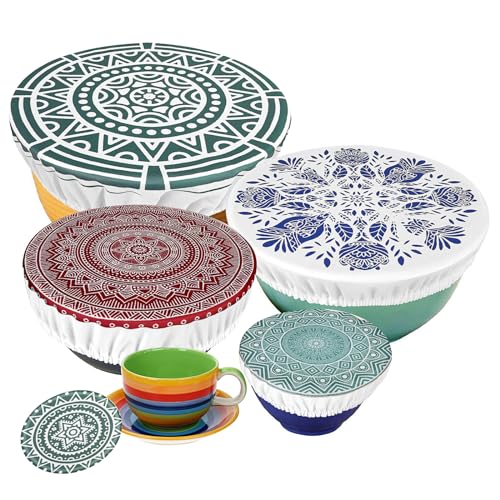 5 STK Abdeckhauben für Lebensmittel Wiederverwendbare, aus Stoff, Topfhauben mit Gummizug, Dehnbare Deckel Wasserdichtes Gewebe dehnte Abdeckungen für Glassalat-Schüssel, Topf, Mandala-Muster B von PHOGARY