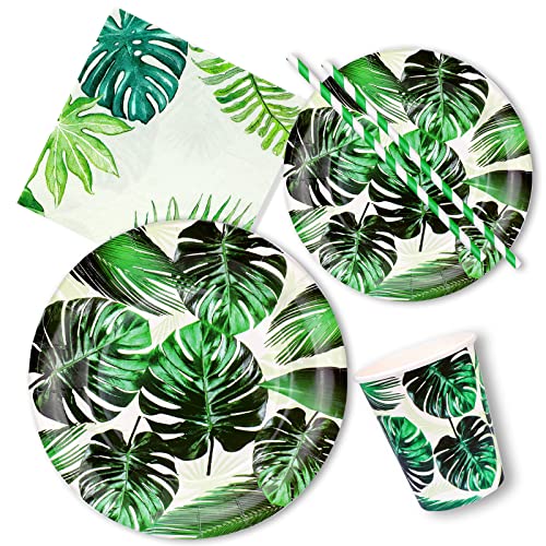 60 PCS Party Geschirr Set für Dschungel Party Dekorationen, tropische grüne Blätter Papier Teller Servietten Tassen für Kinder Geburtstag Camping Strand Hawaii Thema Party Supplies Serviert 10 Gäste von PHOGARY