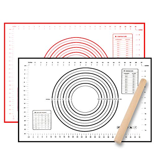 PHOGARY 2 Backunterlage Silikon (70x50cm+60x40cm) Große Antihafte Backmatte rutschfest Silikonmatte wiederverwendbar für Fondant Gebäck Pizza Matte, BPA Frei (28x2.5cm Nudelholz) von PHOGARY