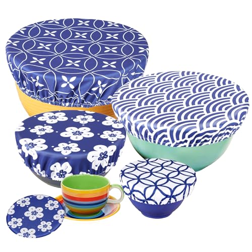 PHOGARY 5 STK Abdeckhauben für Lebensmittel Wiederverwendbare, aus Stoff, Topfhauben mit Gummizug, Dehnbare Deckel Wasserdichtes Gewebe dehnte Abdeckungen für Glassalat-Schüssel, Topf, Blaue Blume PHOGARY 5 STK Abdeckhauben für Lebensmittel Wiederverwendbare, aus Stoff, Topfhauben mit Gummizug, Dehnbare Deckel Wasserdichtes Gewebe dehnte Abdeckungen für Glassalat-Schüssel, Topf, Blaue Blume von PHOGARY