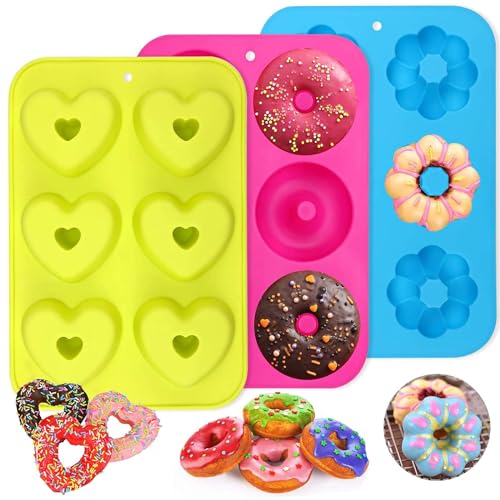 PHOGARY 3 Stück Silikon Donutformen, 6 Hohlräume Donut Backform Antihaft-Backblech, 260℃ Hitzebeständig, für Kuchen, Kekse, Bagels, Muffins (Runde, Blumen und Herz) von PHOGARY