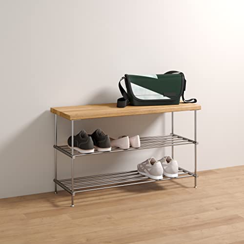 Schuhbank mit massiver Eichenholz-Sitzfläche 60 cm breit und 2 Edelstahl-Schuhregal-Ebenen - PHOS Design von PHOS Edelstahl Design