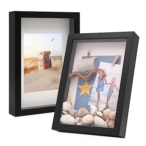 PHOTOLINI 3D-Bilderrahmen zum Befüllen A4 21x30 cm, Schwarz, Bilderrahmen extra tief mit Passepartout, 2er Set Objektrahmen für Gegenstände, stabiles MDF-Holz mit Echtglas - zum Basteln und Schenken von PHOTOLINI