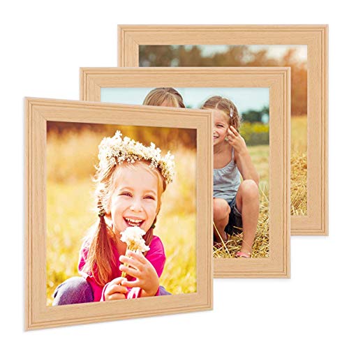 PHOTOLINI Bilderrahmen 15x15 cm Holz Natur Landhaus-Stil, 3er Set Holz-Rahmen, Made in Germany, Echtglas, zum Aufhängen & Aufstellen, mit Zubehör - perfekt für Familienfotos & Urlaubsbilder von PHOTOLINI