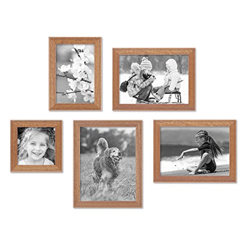 PHOTOLINI Bilderrahmen-Set Holz Eiche-Optik Landhaus-Stil, 5er Set Holz-Rahmen, Made in Germany, Echtglas, zum Aufhängen, mit Zubehör - perfekt für Familienfotos & Urlaubsbilder von PHOTOLINI