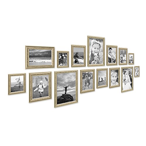 PHOTOLINI 15er Bilderrahmen-Set Antik Silber Nostalgie 10x15 bis 21x30 cm Fotorahmen mit Glasscheibe/inklusive Zubehör von PHOTOLINI